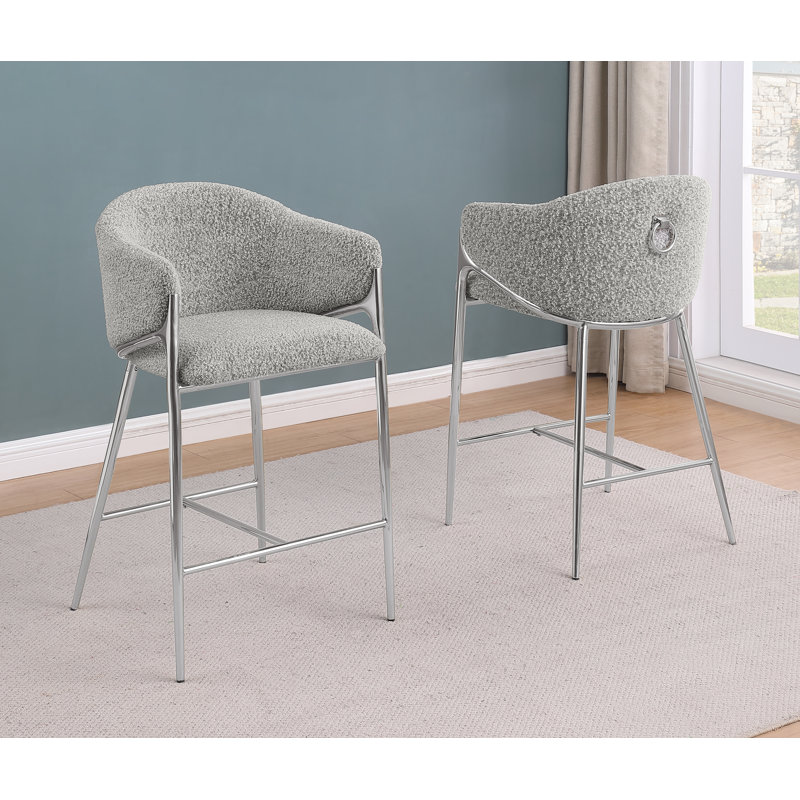 Tabourets de bar en tissu Teddy Boucle, Tabouret de bar (siège d'une hauteur de 30 po), Siège gris riche / cadre argenté