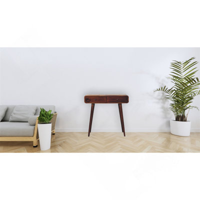 Table de couloir courbée en bois massif à 2 tiroirs, pieds nordiques, brun foncé