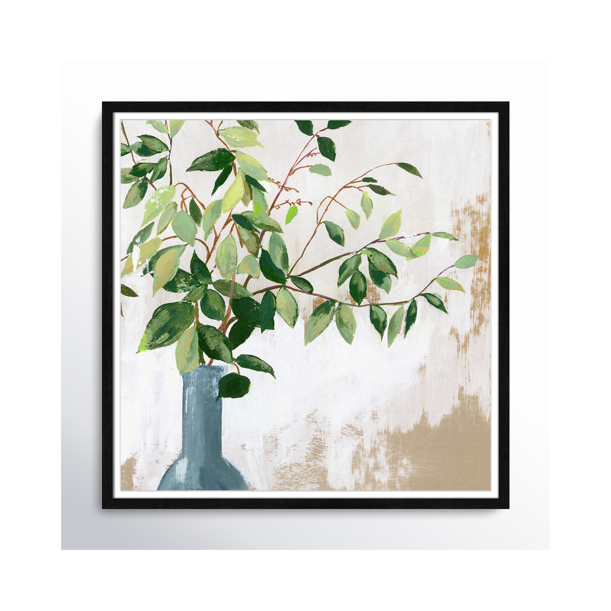 Green Fall Leaves by Asia Jensen - Picture Frame Painting, 17" H x 17" W x 0.75" D, Black Framed