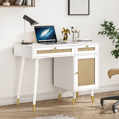 Chare 39.4'' White Rattan Writing Desk With Drawer Cabinet Laptop Computer Work Study Table