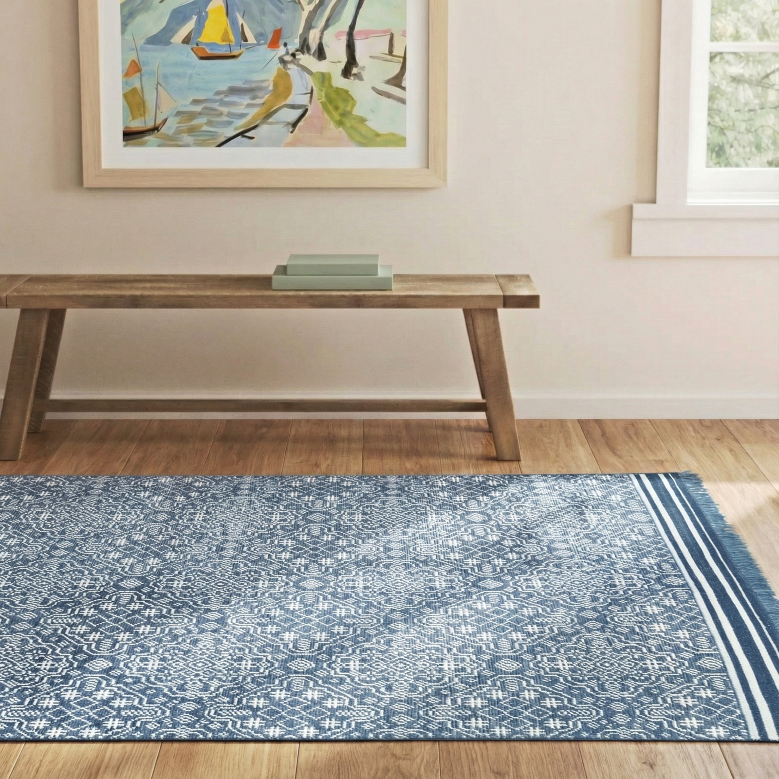 Spillane Navy Gray Hand-Knotted Geometric Rug, Rectangle 5' x 8'