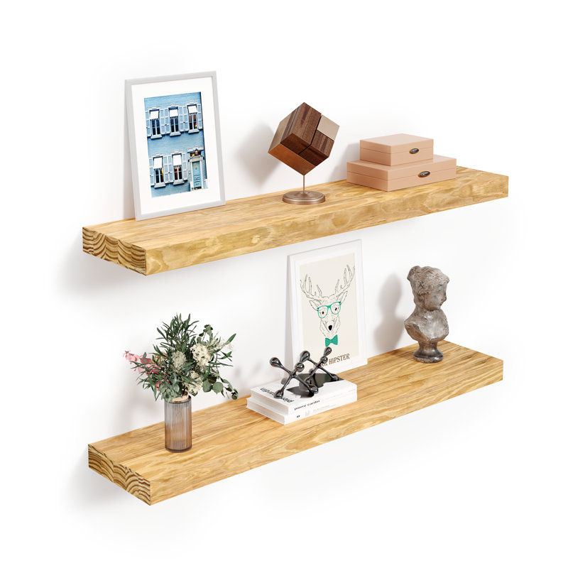 Jorgensen 2 Pieces  Pine Solid Wood Floating Shelves for Wall Decor, Kitchen, Bathroom, Workspace, Thick, Natural
