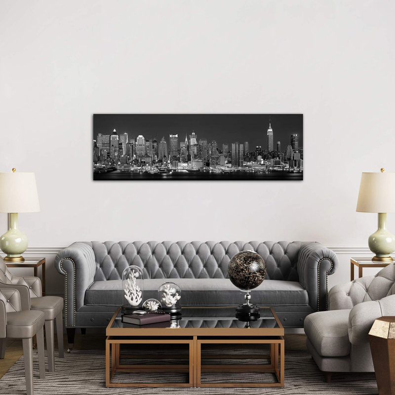 Illuminated Skyline In B&w, Manhattan, New York City, New York, Usa by Panoramic Images - No Frame Panoramic Print on Canvas