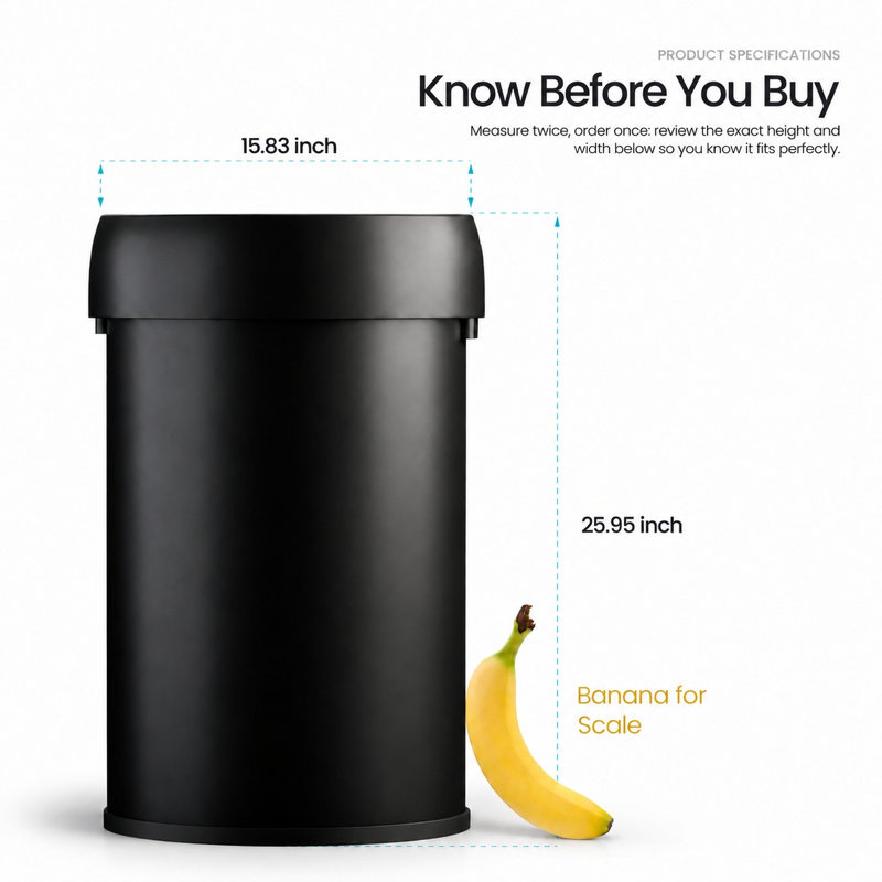 Poubelle commerciale Home Zone Living de 60 litres (16 gallons), ronde, à ouverture supérieure, couvercle amovible, en acier inoxydable, noir mat