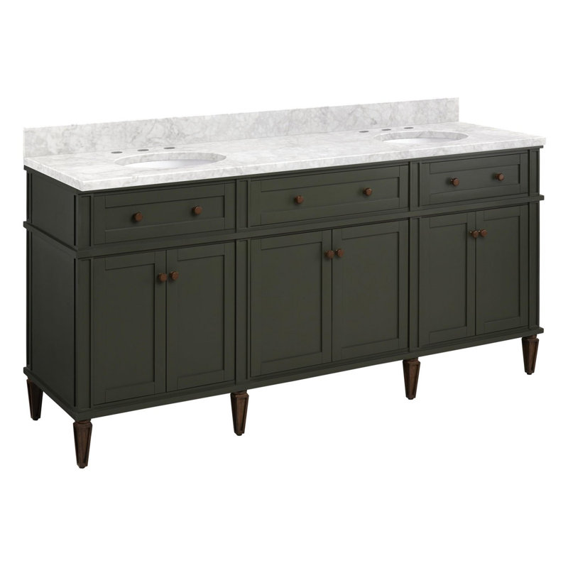 Elmdale 72" Freestanding Mahogany Double Basin Vanity Oval Undermount Sink - 8" Faucet Holes, Carrara Marble, Carob Brown
