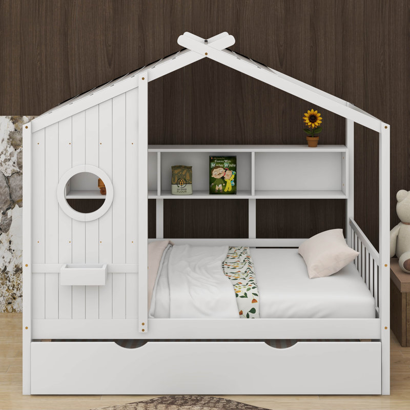 Lit simple avec lit gigogne et tablette, Blanc
