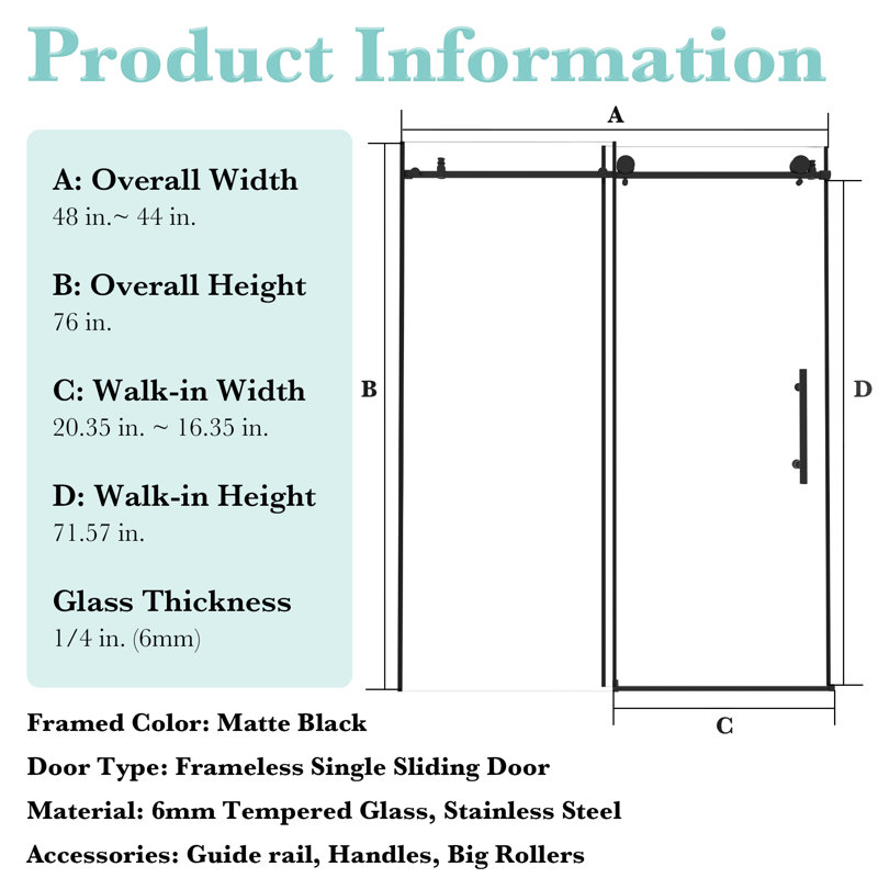 48" W X 76" H Frameless Single Sliding Shower Door With 1/4 "(6 Mm) Clear Tempered Glass, Matte Black