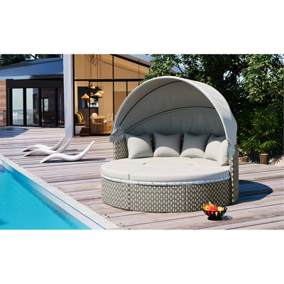 All-weather Outdoor Daybed With Pe , Gray, Retractable Sunshield, Stable Frame, Adjustable Table, Comfortable Bedding Daybed, Sunshade, Gray Two-tone Weave, Foam-filled Pillows And Cushions
