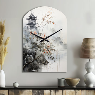 Asian Art Sumi Bird Serenity XIV - Asymmetrical Asian Art Metal Wall Clock, Gray Wall Clock Print