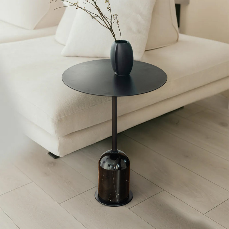 Crescin Small Round Modern Black Side Table With Marble Base Salon