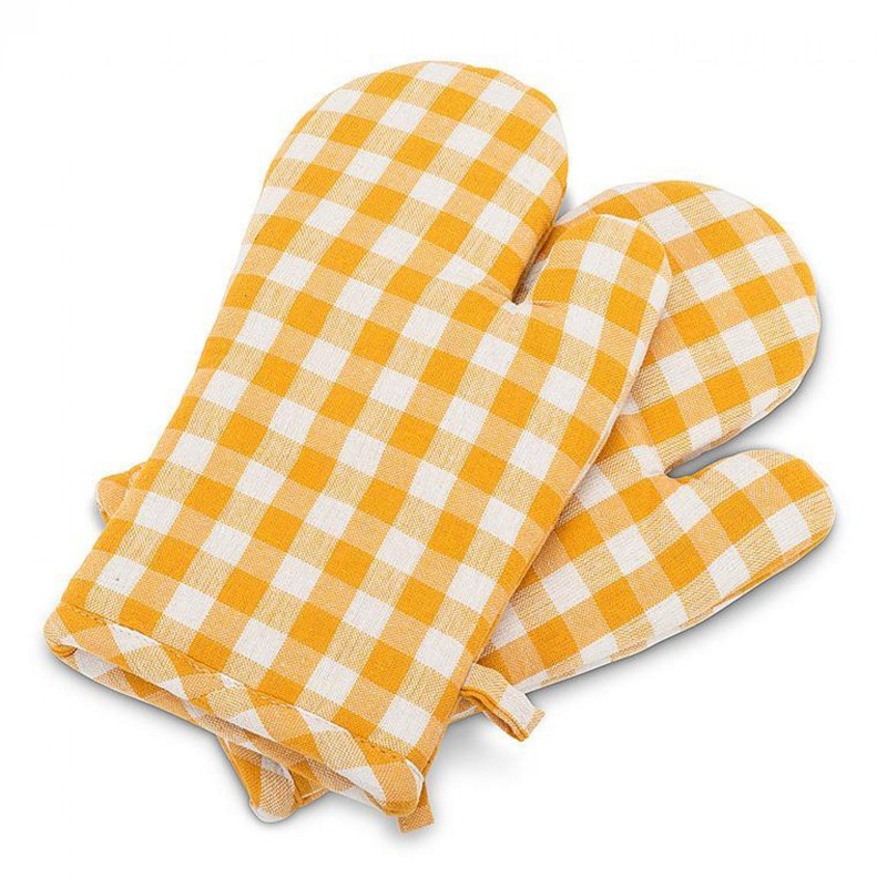 Yellow and White Cotton Gingham Check Oven Mitts Set