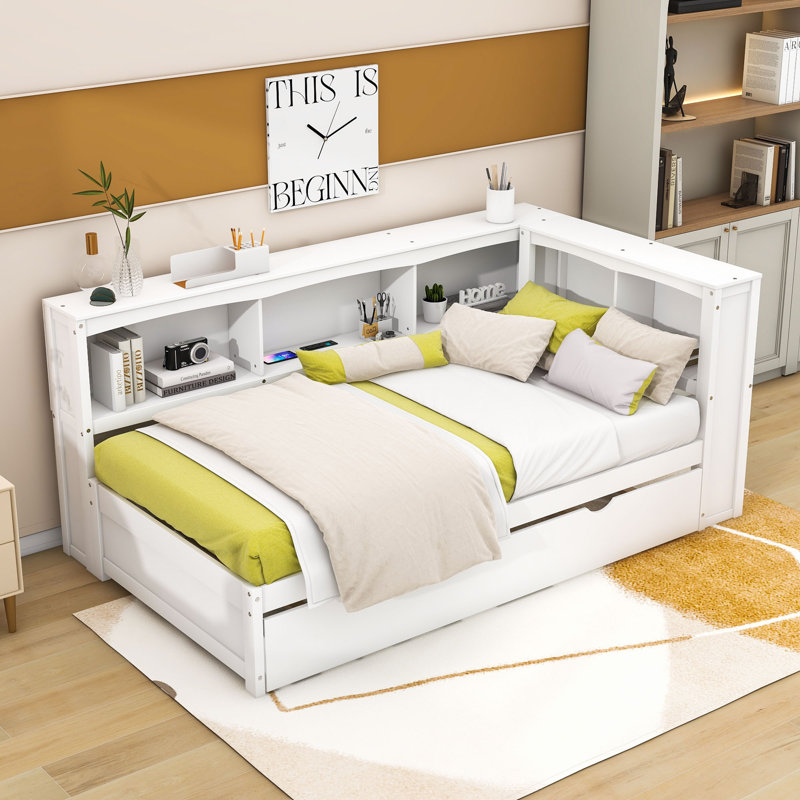 Lit de jour en bois Dowelltown avec lit gigogne, armoires et ports USB, Blanc