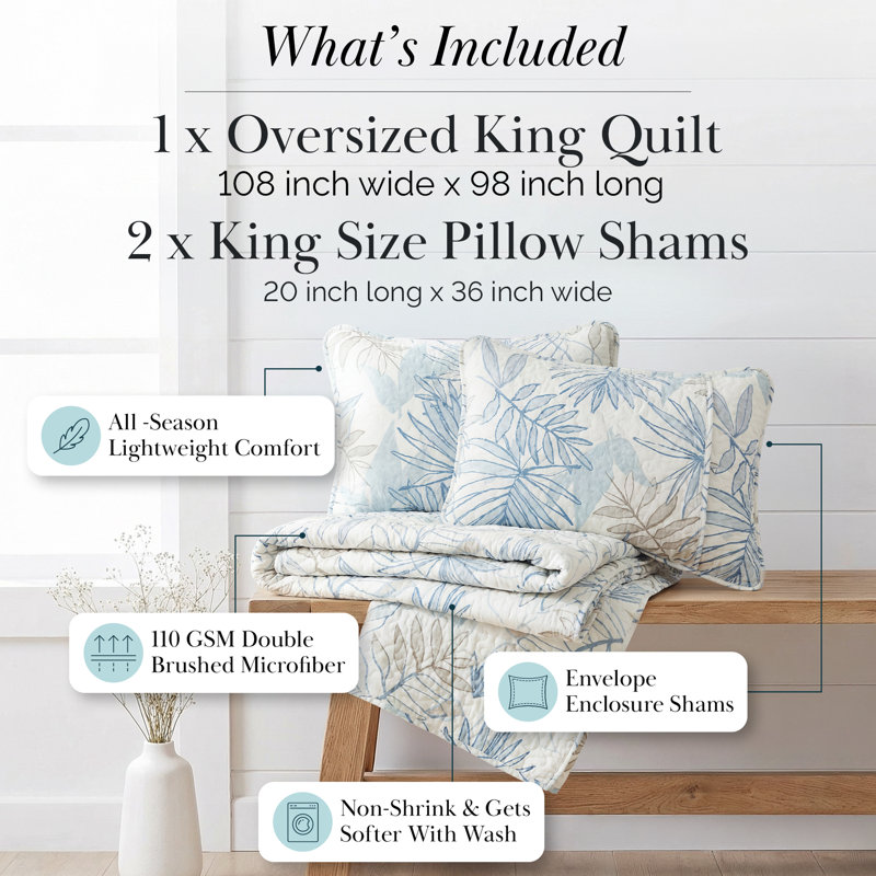 Tropic Leaf Collection Beige/Blue/Brown Microfiber Reversible Quilt Set, King Quilt + 2 King Shams, Blue Tropical