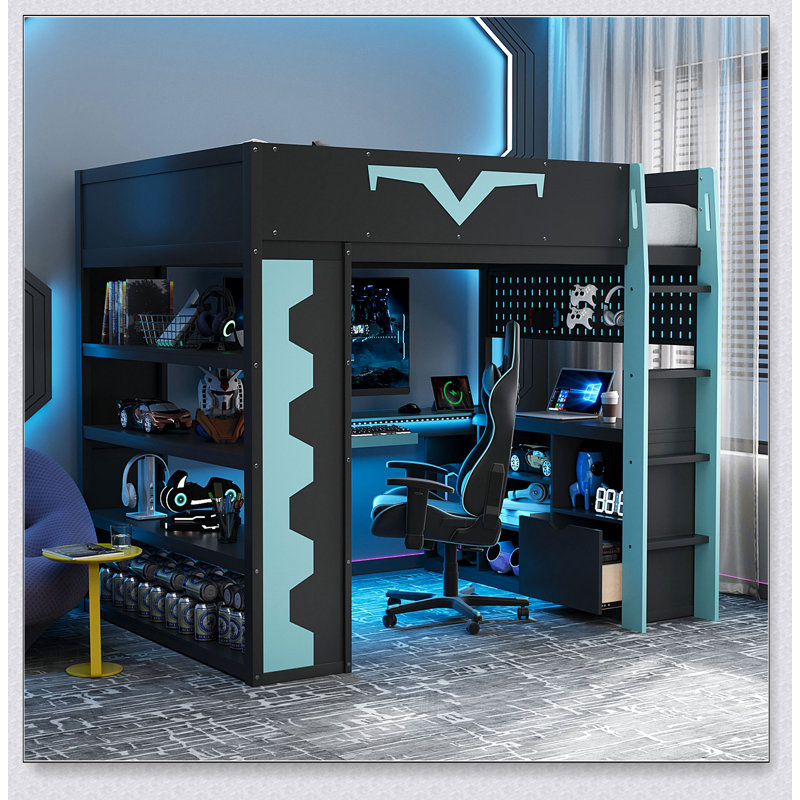 Gaming Loft Bed With Integrated Desk & RGB LED Lights, Pro-Gamer Bed With Power Outlet, Large Bookshelf, Pegboard, Keyboard Tray & Storage Drawer, 3 Colors Available