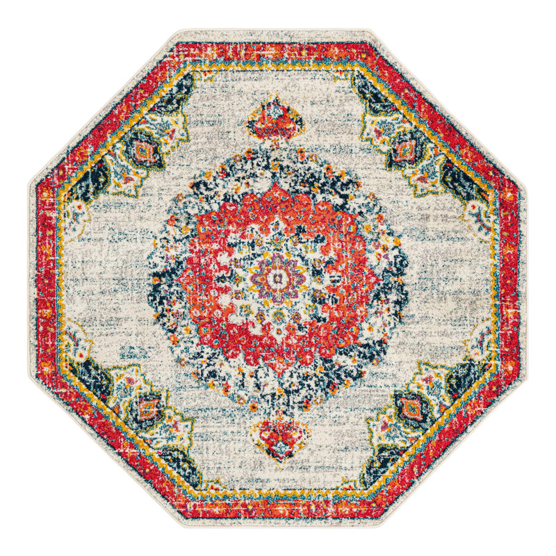 Galyean Abstract Ivory/Orange Rug, Octagon 6'1" x 6'1"