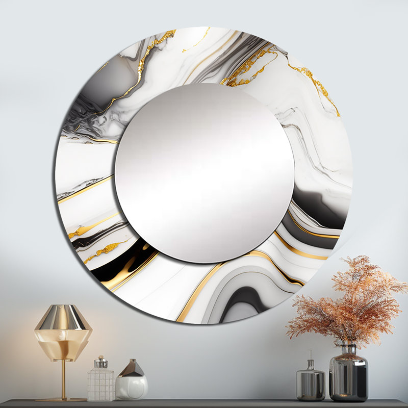 «Paddyjoe», Géode abstraite, marbre, vagues gris IV - grand miroir abstrait, miroir mural rond gris, impression sur métal