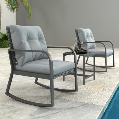 3 Pieces Patio Bistro Set Set Outdoor Furniture With 2 Black Wicker-Top Rocking Chairs Going With Cushions And 1 Glass-Top Table For Countyard, Poolsi by Winston Porter