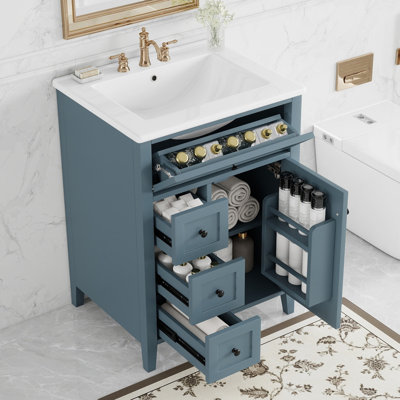 24" Bathroom Vanity With Sink, MDF & Rubberwood Vanity With 3 Drawers & Adjustable Shelf, Modern Freestanding Cabinet