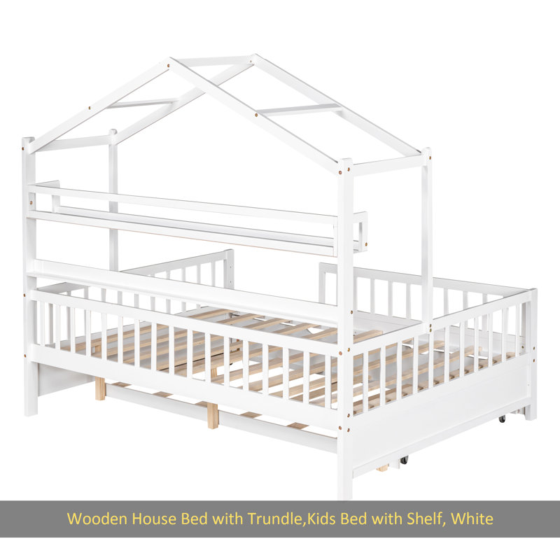 Wooden Full Size House Bed With Trundle,Kids Bed With Shelf, White, Full