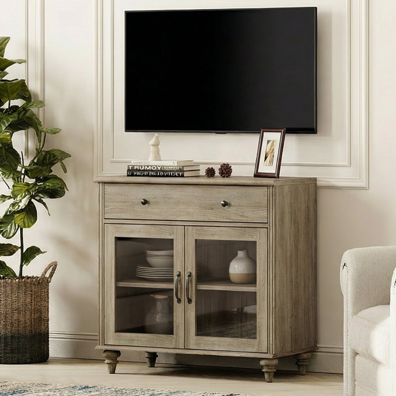 Meuble TV Corretta de style ferme pour téléviseur de 43 pouces avec portes vitrées et tiroir, meuble télé universel en bois avec rangements, console télé pour salon ou chambre, gris délavé