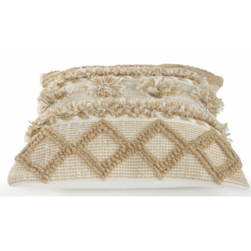 Neutral Beige and Cream Pom Pom Geometric Square Pillow