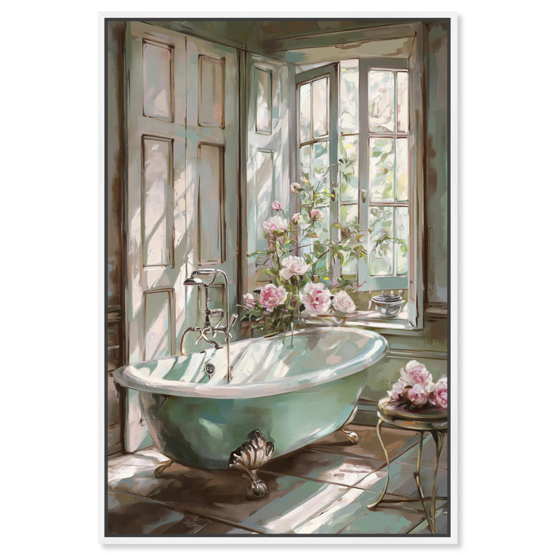«Spring Bliss Bathroom Canvas Farmhouse» par Art Remedy, Cadre blanc, H 16 po x l 11 po