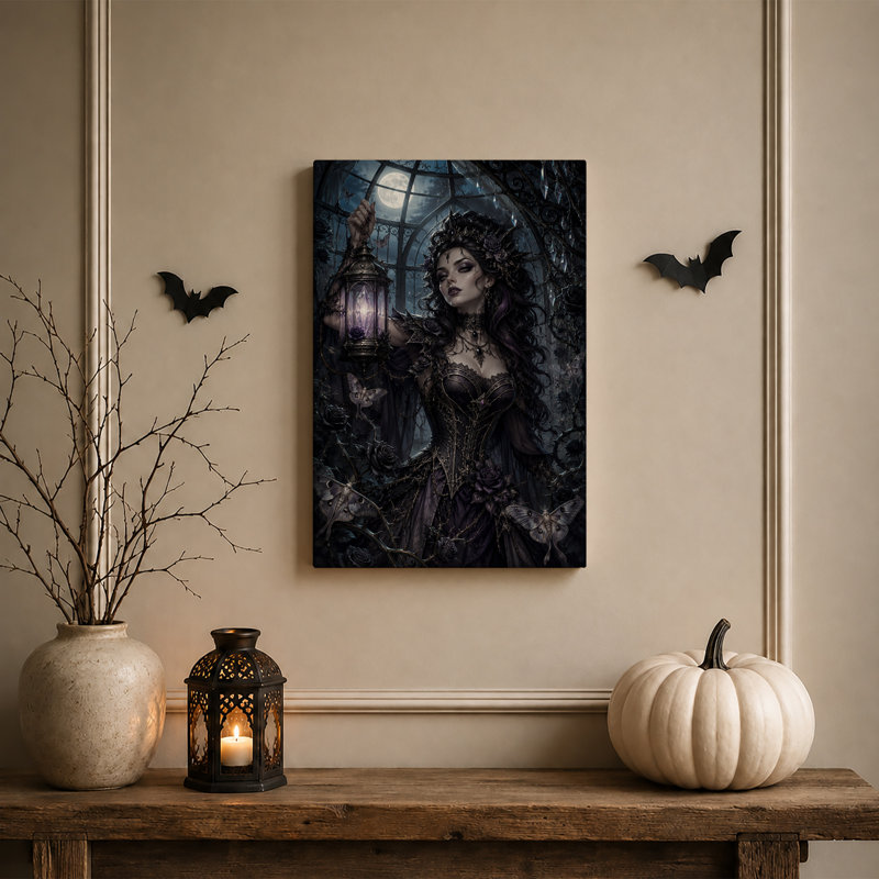 Impression sur toile, "Mauve gothique" avec lanterne et papillons de nuit, H 24 po x l 16 po