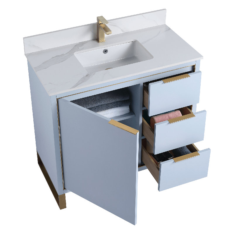 Gesel 36'' Single Bathroom Vanity with Stone Top, Satin Brass, Navy Blue, White