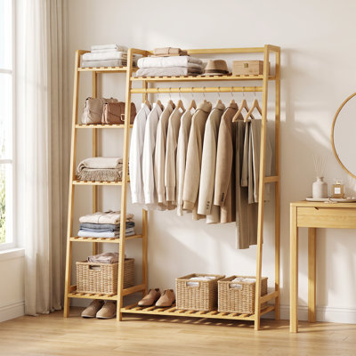 7-Tier Bamboo Trapezoid Coat Rack Open Closet Wardrobe Clothing Organizer Garment Rack with Hanging Rod
