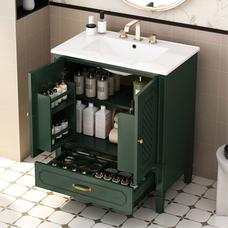 Charmant meuble-lavabo rétro avec rangement supérieur et construction durable, Vert foncé, Doré
