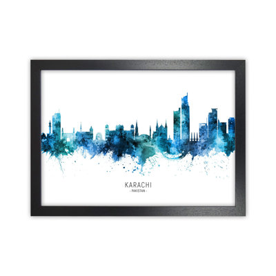 Karachi Pakistan Skyline Blue City Name by Michael Tompsett - Print