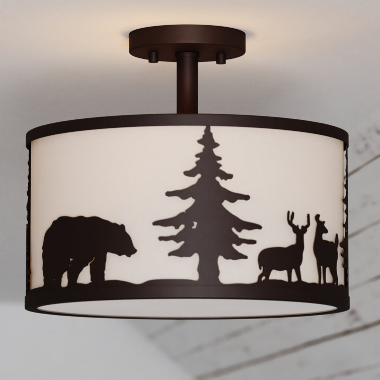 Jorene 13-In W Bronze Rustic Semi Flush Mount Ceiling Light White Linen Deer Tree