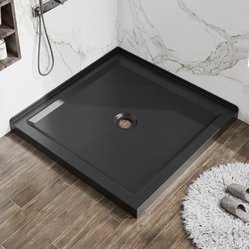 36"X36" Shower Base  Anti-Slip Acrylic Center Drain Double Threshold Shower Basin In Black, Black