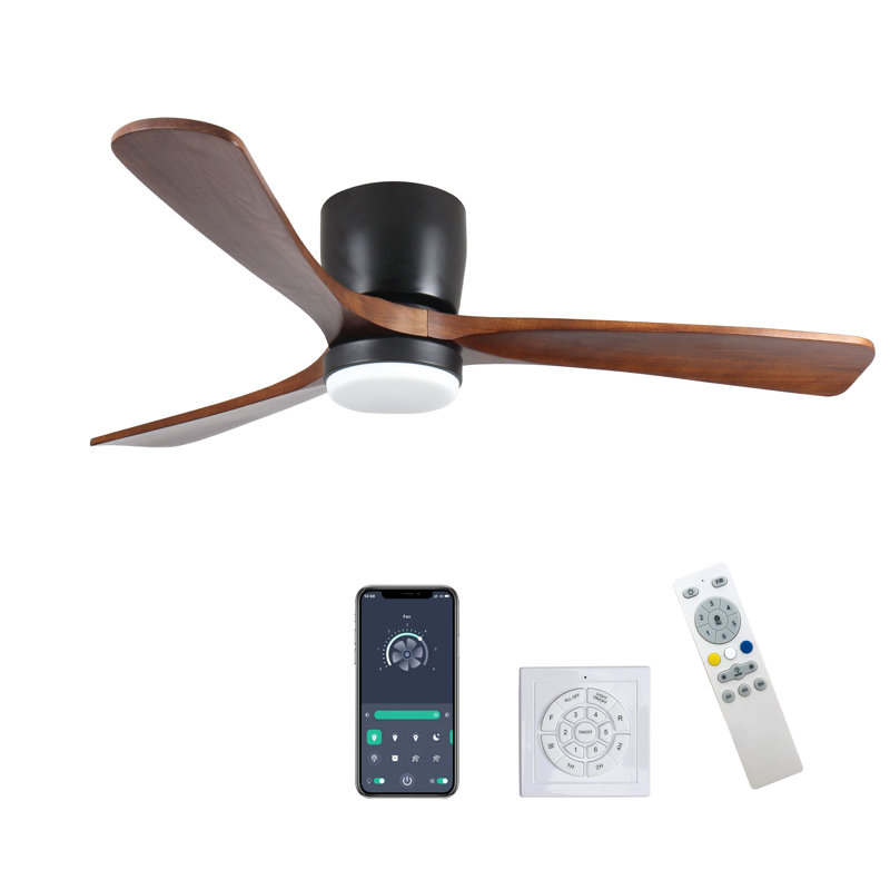 Black Wood Ceiling Fans With Lights And Remote, Modern Flush Mount Low Profile Ceiling Fan With Light, 6 Speed, Reversible Dc Motor, For Bedroom/Outdoor/Farmhouse/Patios