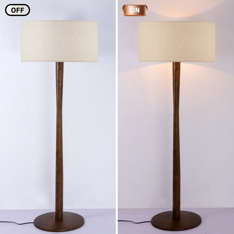 61'' Modern Walnut Wood Column Floor Lamp with Beige Linen Drum Shade, Minimalist Standing Lamp, cULus Certified for Living Room Side Tables, Bedroom Corners, Home Offices or Study Rooms