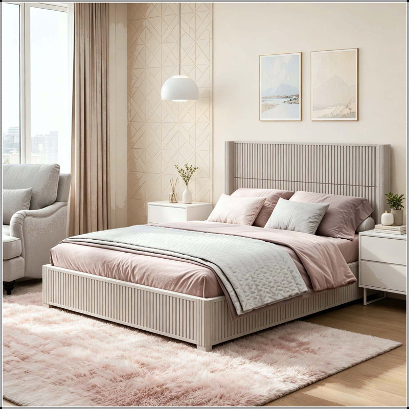 Lit plateforme en bois massif avec tête de lit, Beige, Grand lit