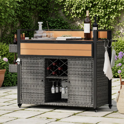52.8"w Wicker Outdoor Grill Cart With Extended Plastic Wood Table Top, Rolling Kitchen Island On Wheels With Storage Cabinet, For Patio Backyard Garden Poolside, Double Handle Design, Grey