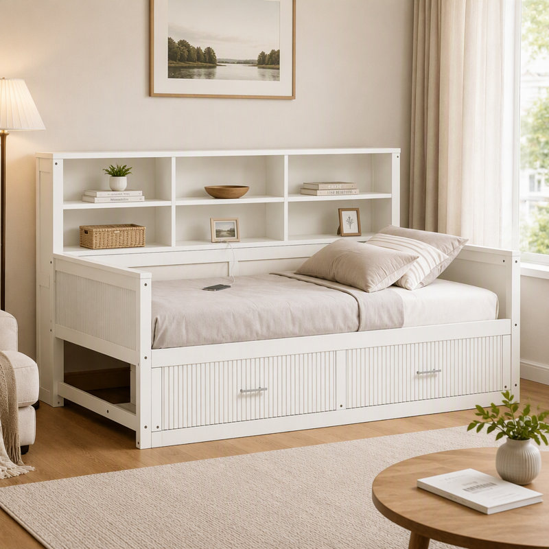 Lit de jour en bois avec panneaux cannelés, 6 tablettes de rangement, 2 tiroirs et station de recharge, Lit simple, Blanc