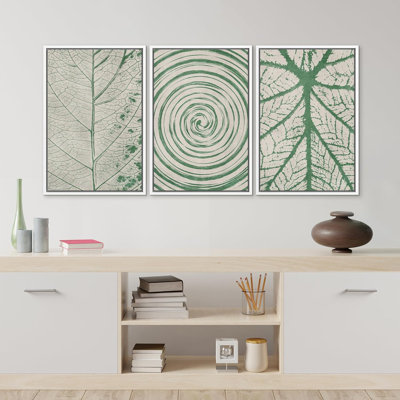 Abstrait botanique vert, feuilles blanches, 3 pièces