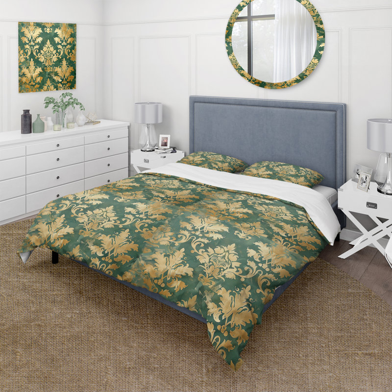 Ensemble de housse de couette damassé Glamour II doré et vert, Housse de couette très grand + 2 taies décorativ