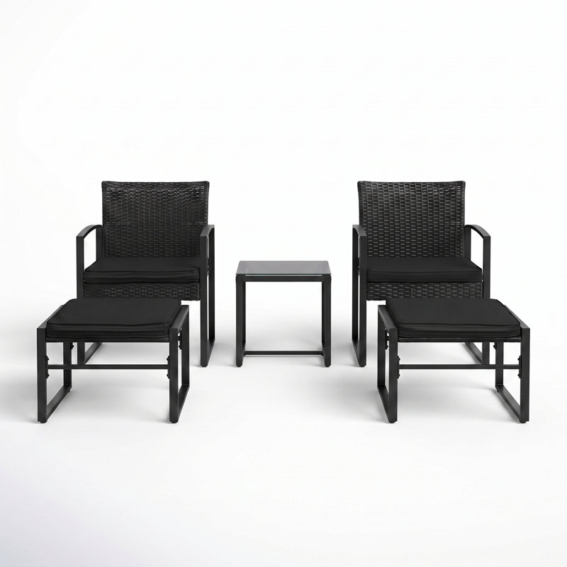 2-Person Outdoor All-Weather Wicker Conversation Set with Ottomans and Tempered Glass Coffee Table