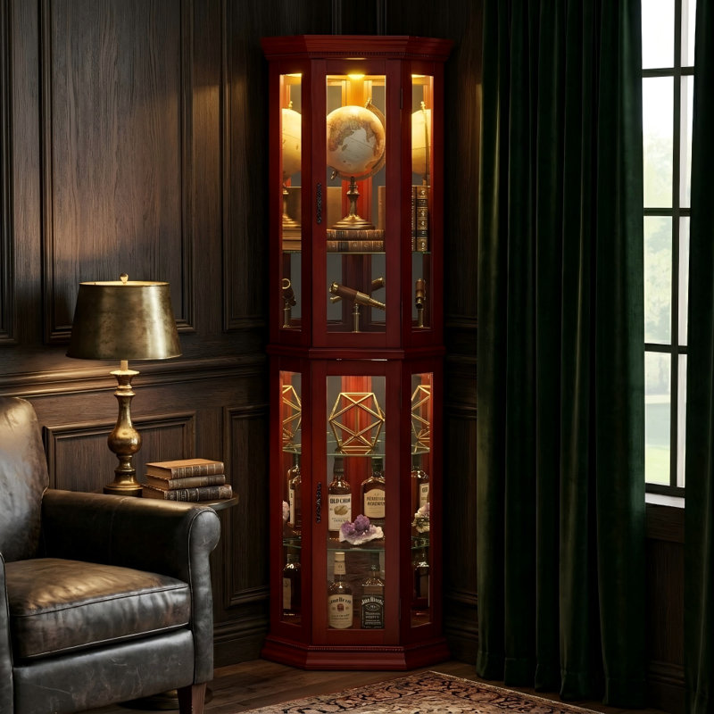 Vitrine d'angle éclairée en merisier, Cerisier