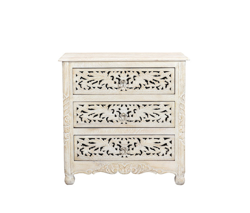 30" White Solid Wood Distressed Three Drawer Nightstand