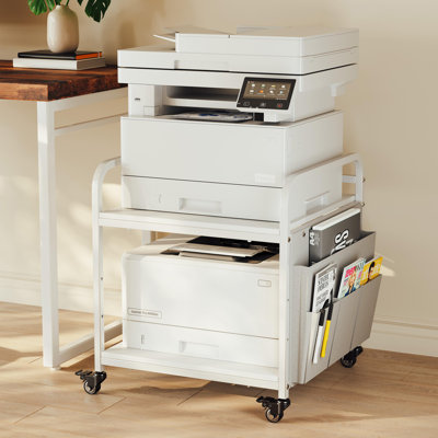 2-Tier Large Under Desk Printer Stand with Storage, Printer Table with Height Adjustable Shelf & Charging Plug, Rolling Cart with Wheels for Home Office