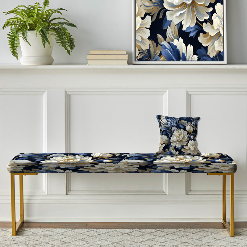 Banc damassé en damas zen blanc et bleu