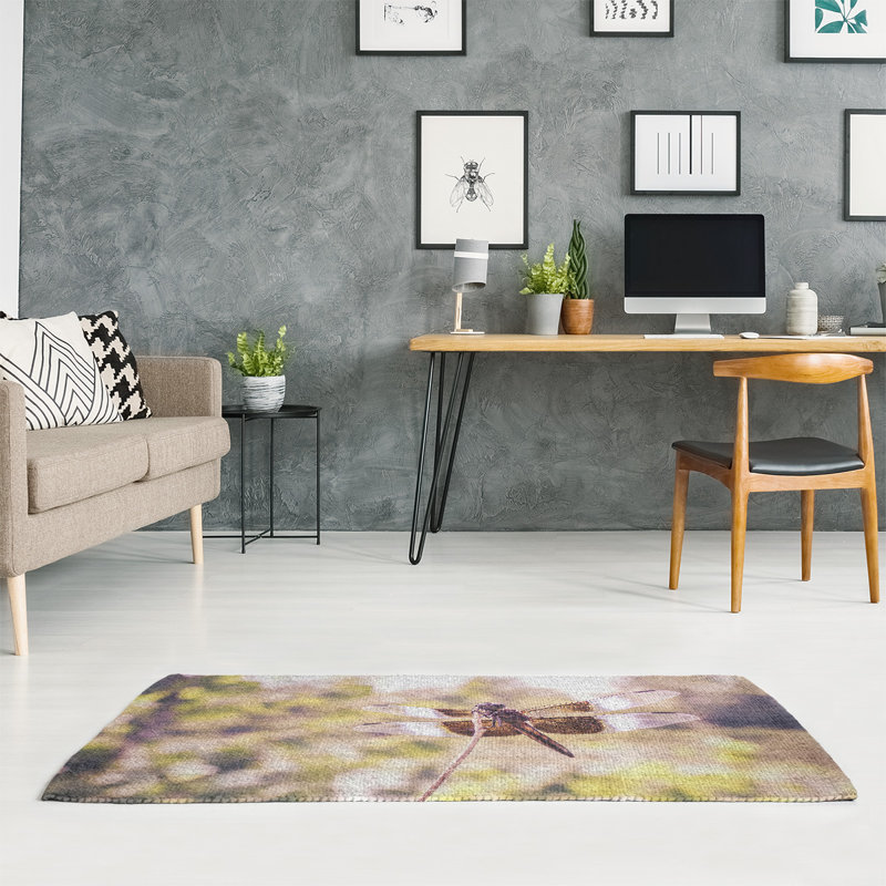 Tapis jaune/mauve à chenille libellule rustique, Rectangle 3 pi x 5 pi