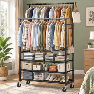 Portant à vêtements noir avec deux tringles de suspension, un arrangement à 3 niveaux et des tablettes en filet, pouvant supporter 300 lb pour le rangement dans la chambre à coucher, la buanderie ou le salon