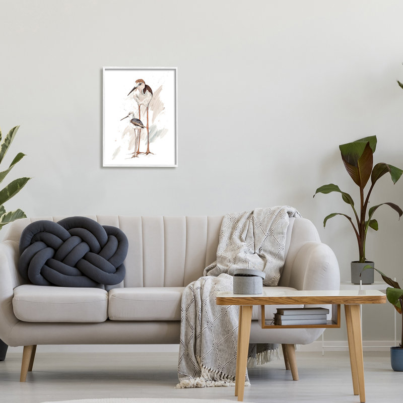 Paire d'oiseaux de rivage sur la plage, peinture d'oiseau tranquille, Patrice Pinto, Giclée encadrée blanc bord de mer