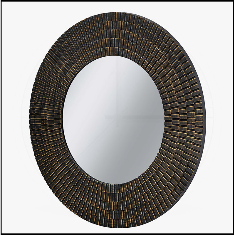 Miroir d'appoint rond 29,5 pouces avec texture tissée, finition noire et or pour les intérieurs modernes