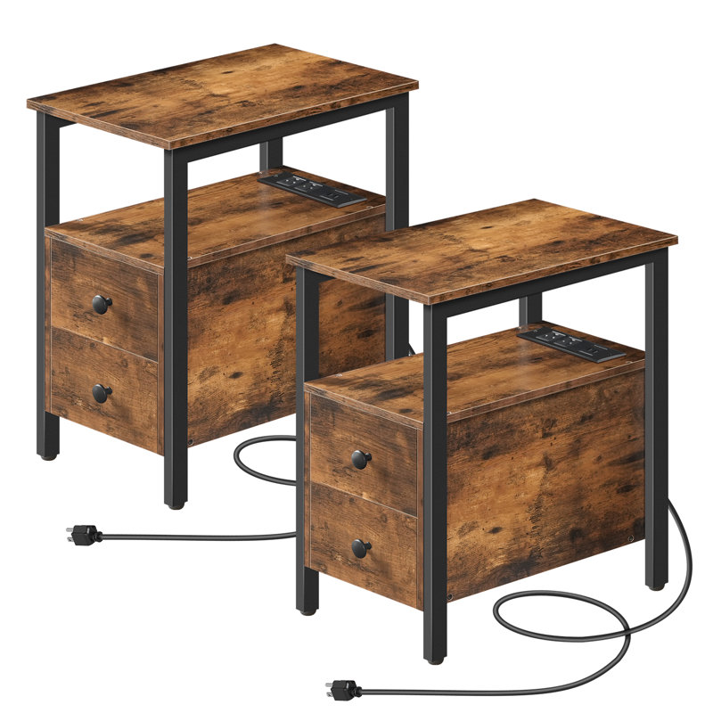 Artimon 24'' Tall 2 - Drawer End Table Set with Storage and Built-In Outlets, Brown